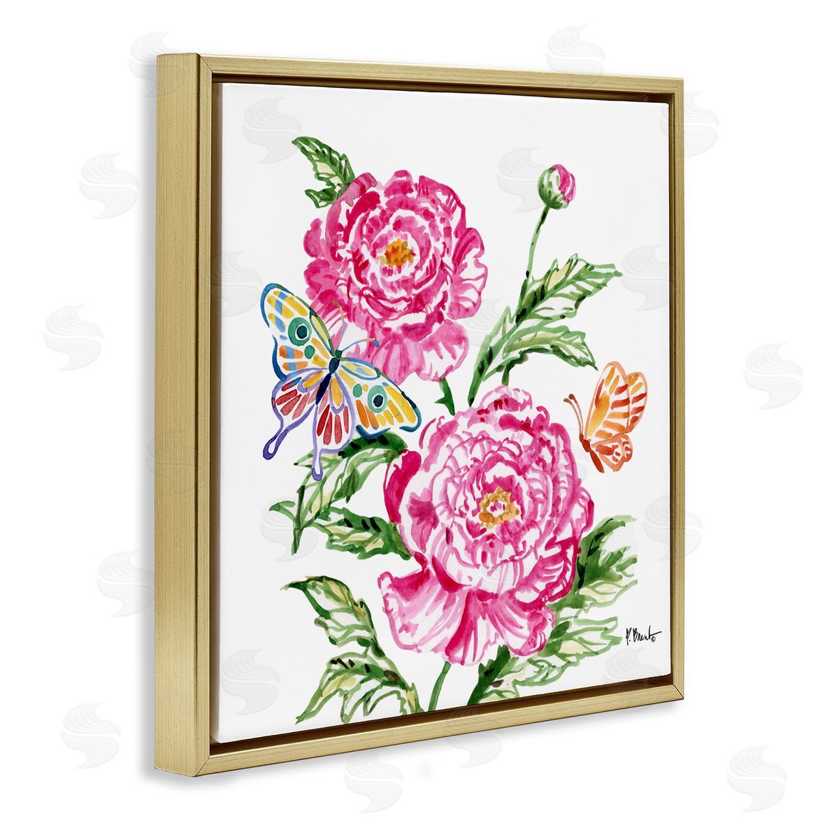 Paul Brent Brushstroke Peonies & Butterflies Gold Floating Frame Canvas Art Print