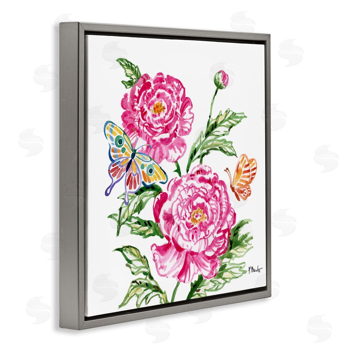 Paul Brent Brushstroke Peonies & Butterflies Gray Floating Frame Canvas Art Print
