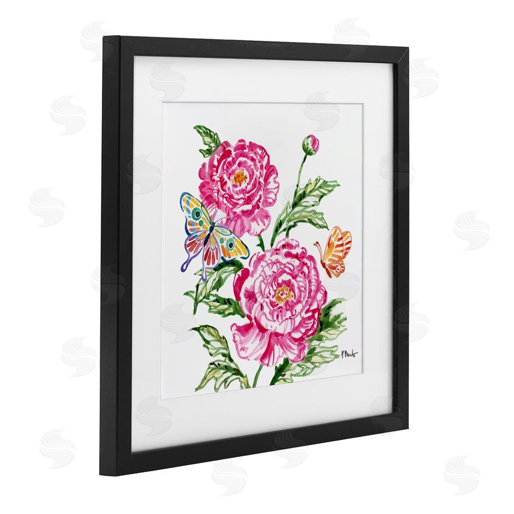 Paul Brent Brushstroke Peonies & Butterflies Black Framed Print Under Glass Art