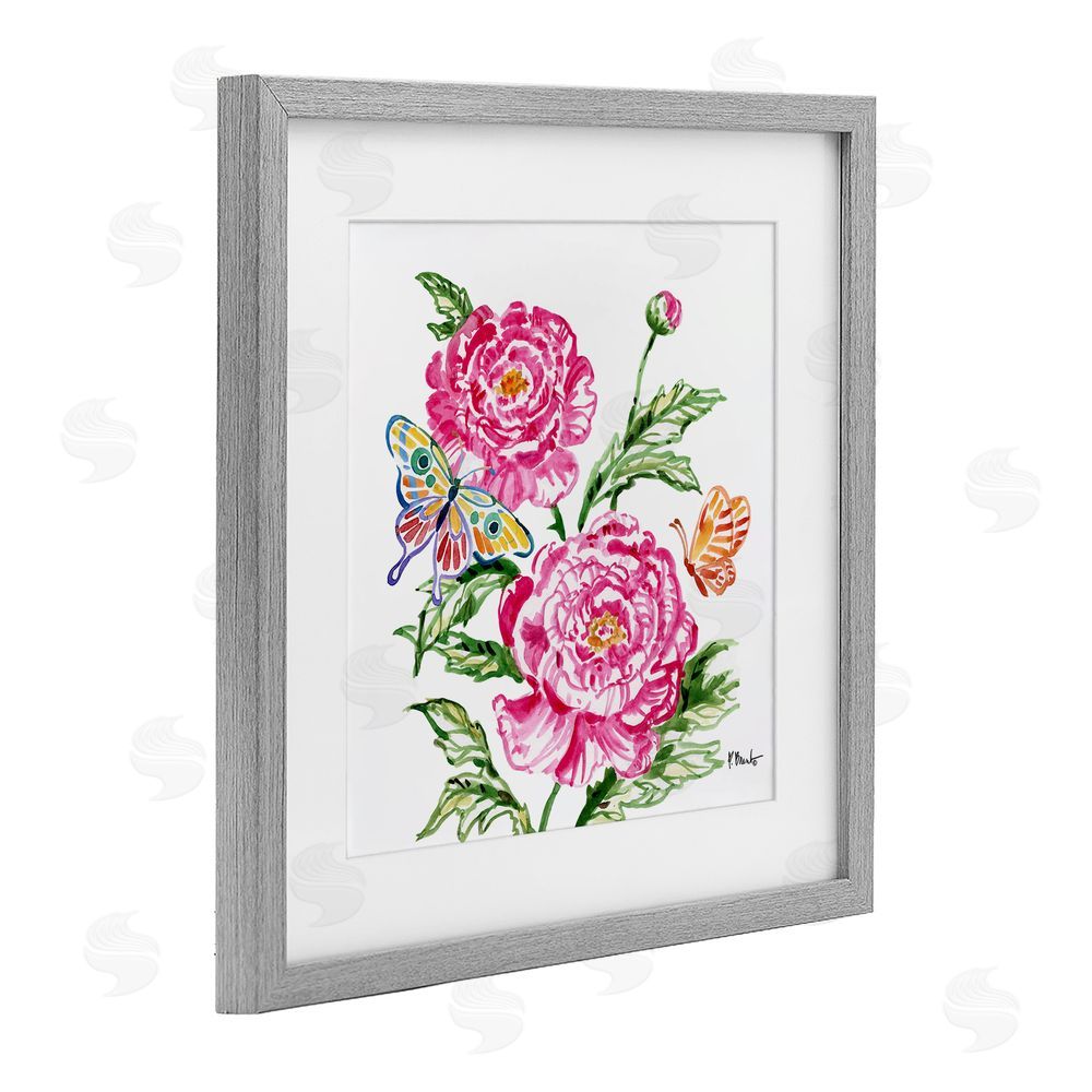 Paul Brent Brushstroke Peonies & Butterflies Gray Framed Print Under Glass Art