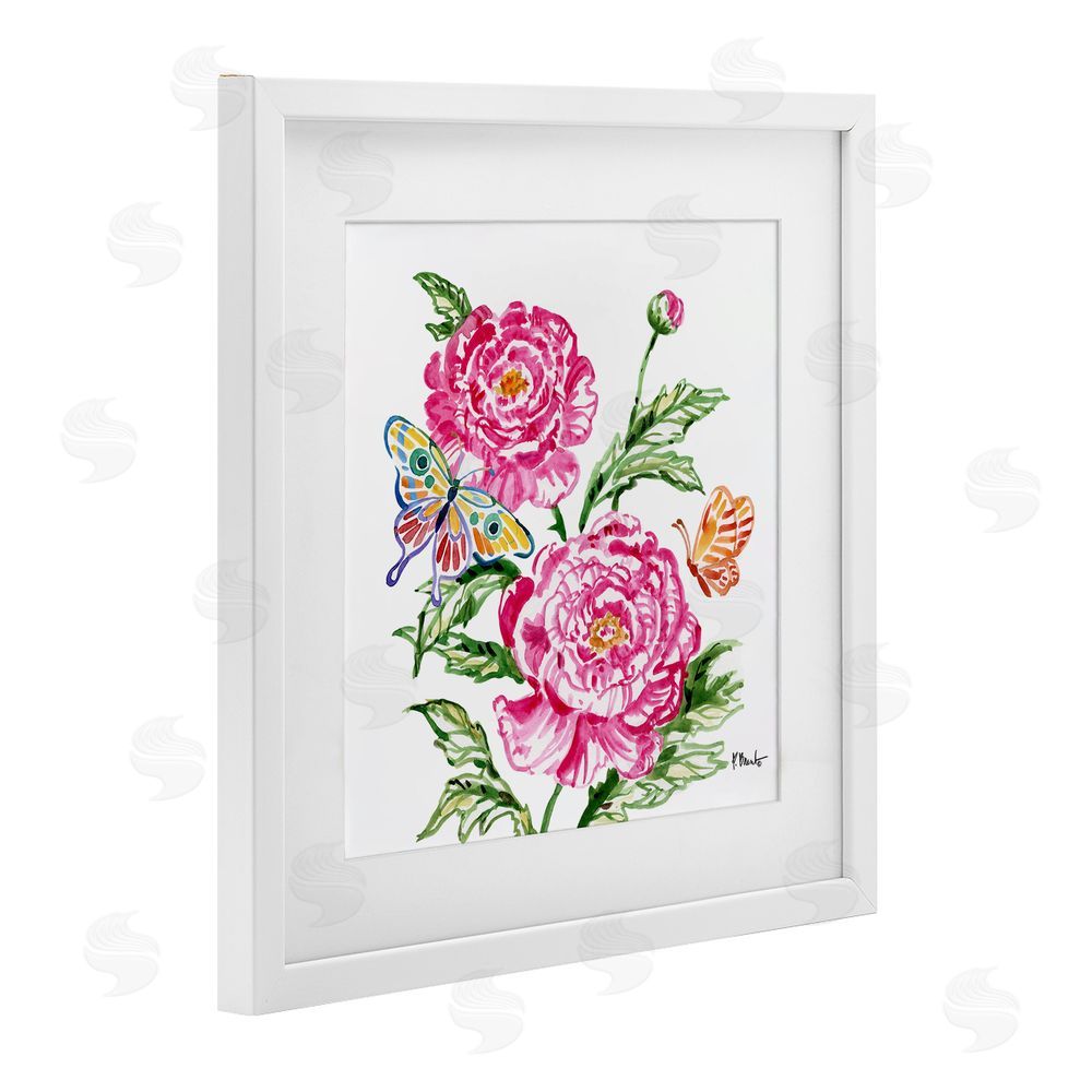 Paul Brent Brushstroke Peonies & Butterflies White Framed Print Under Glass Art