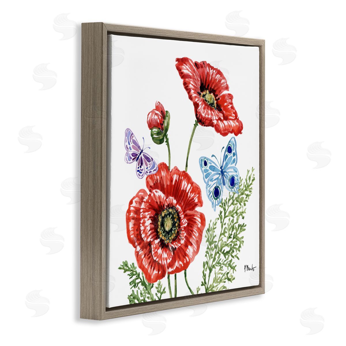 Paul Brent Brushstroke Poppies & Butterflies Brown Floating Frame Canvas Art Print