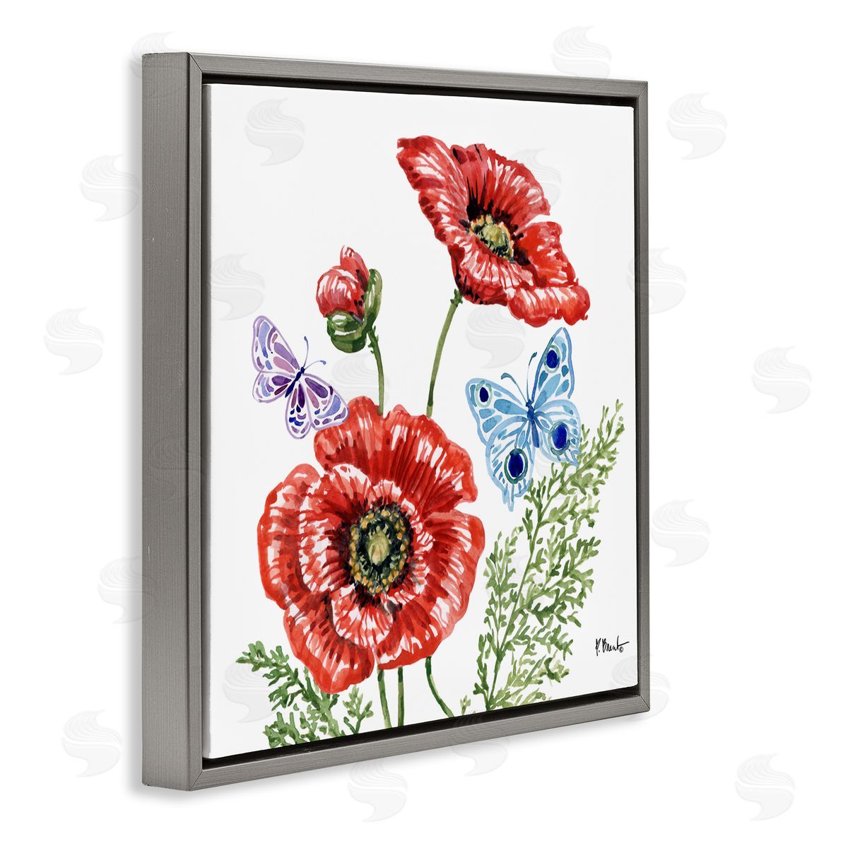 Paul Brent Brushstroke Poppies & Butterflies Gray Floating Frame Canvas Art Print