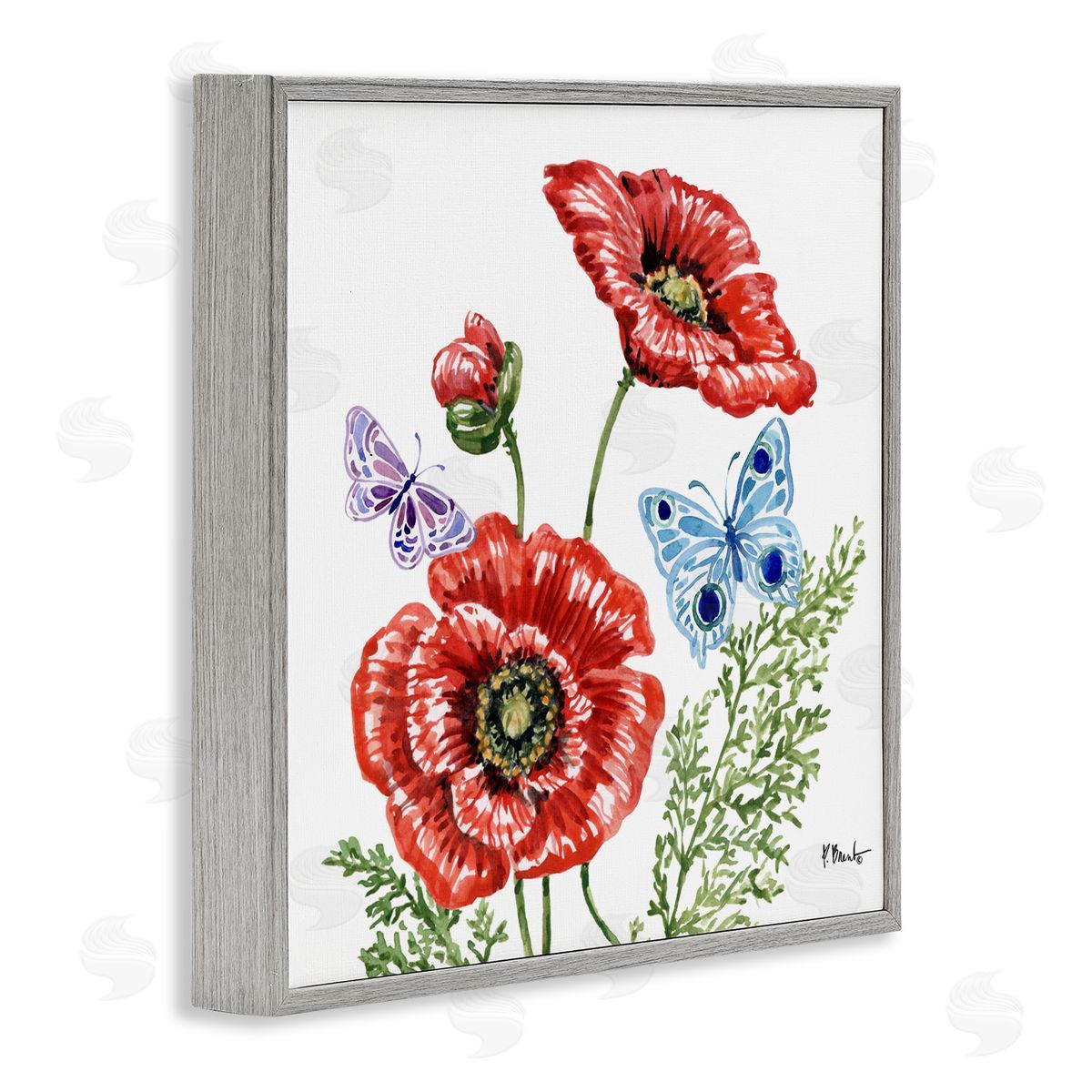 Paul Brent Brushstroke Poppies & Butterflies Gray Framed Giclee Art Print