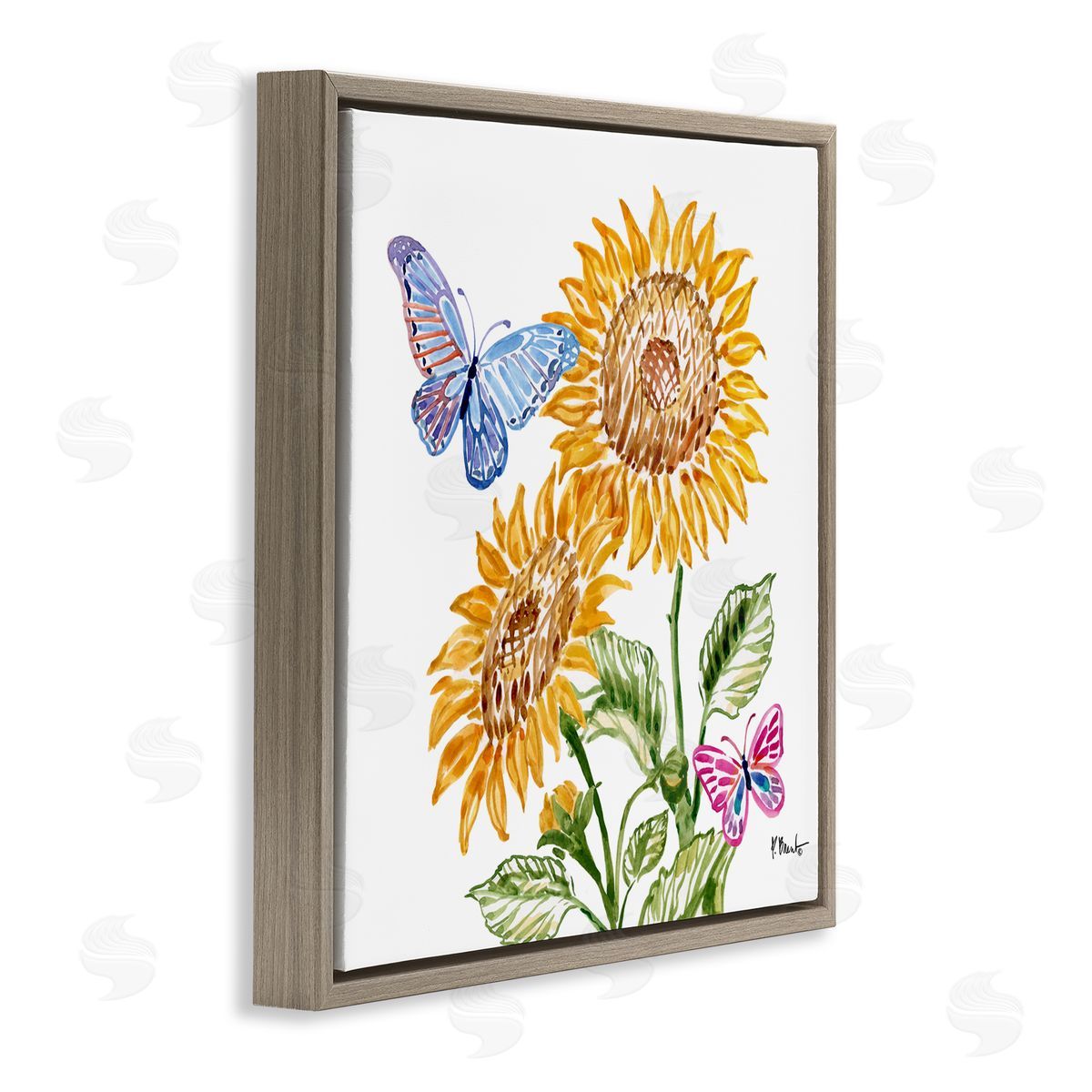 Paul Brent Brushstroke Sunflowers & Butterflies Brown Floating Frame Canvas Art Print