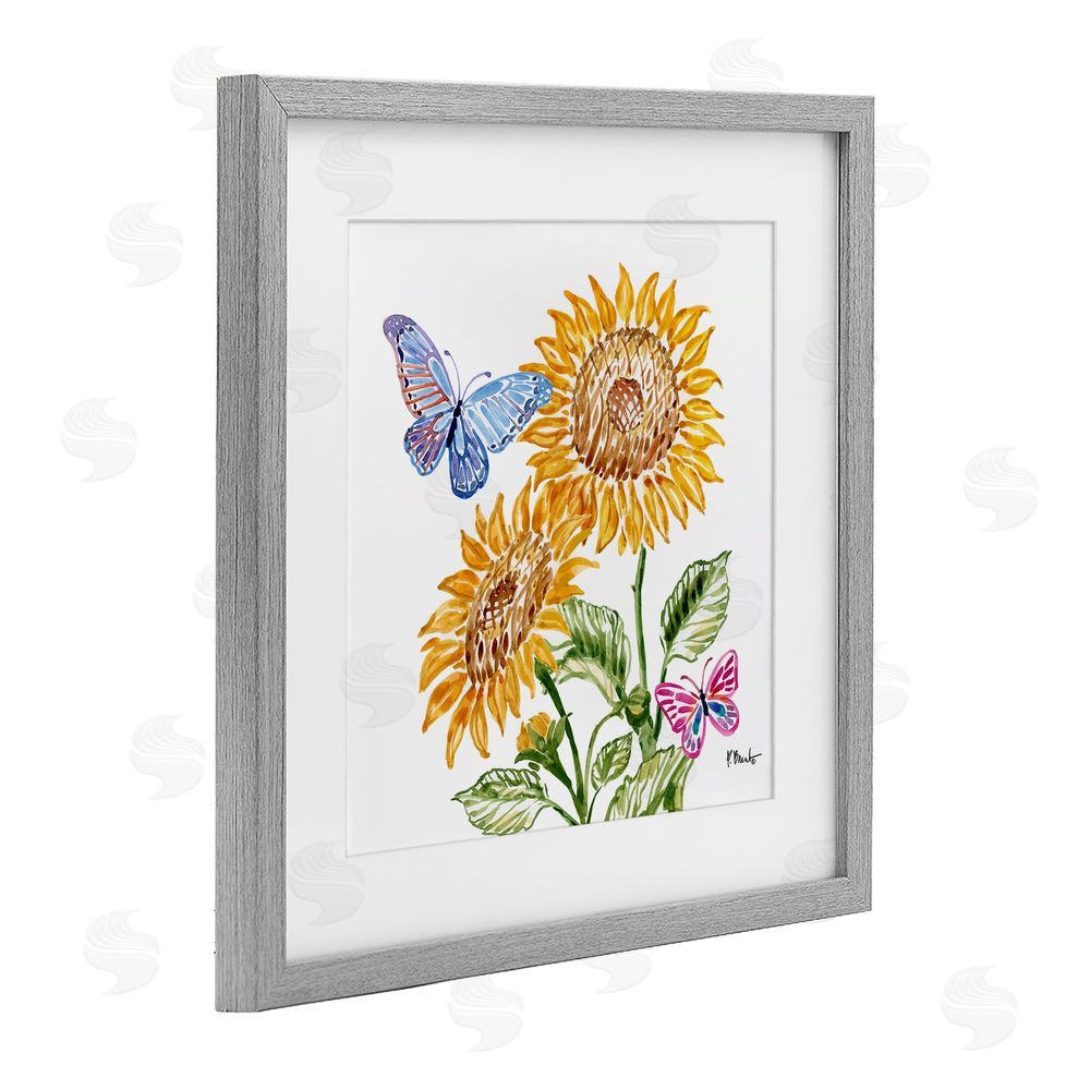 Paul Brent Brushstroke Sunflowers & Butterflies Gray Framed Print Under Glass Art