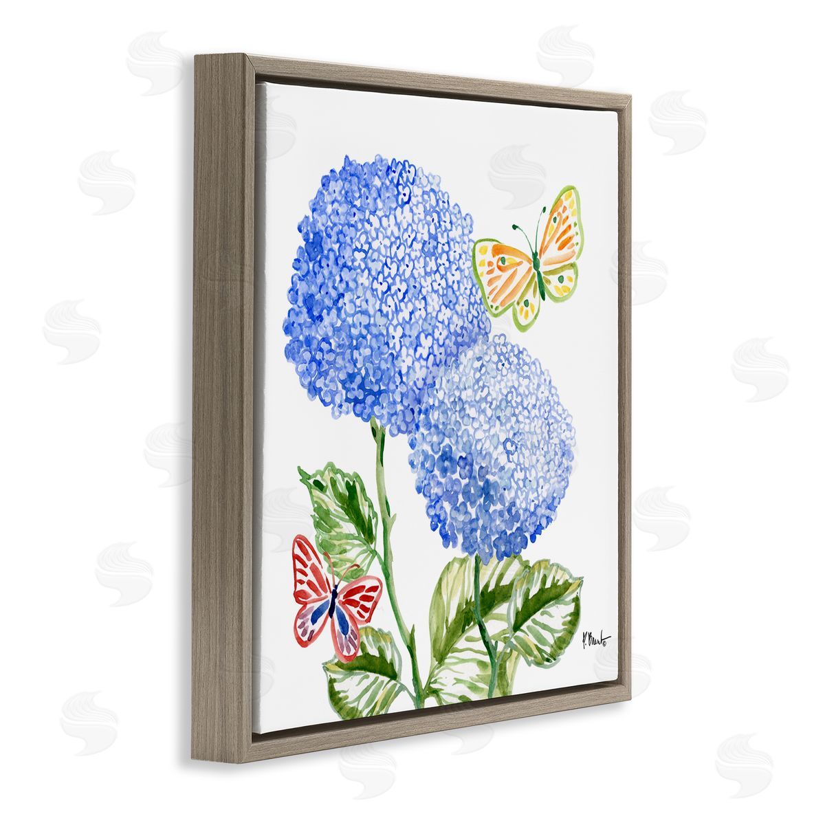 Paul Brent Brushstroke Hydrangea & Butterflies Brown Floating Frame Canvas Art Print