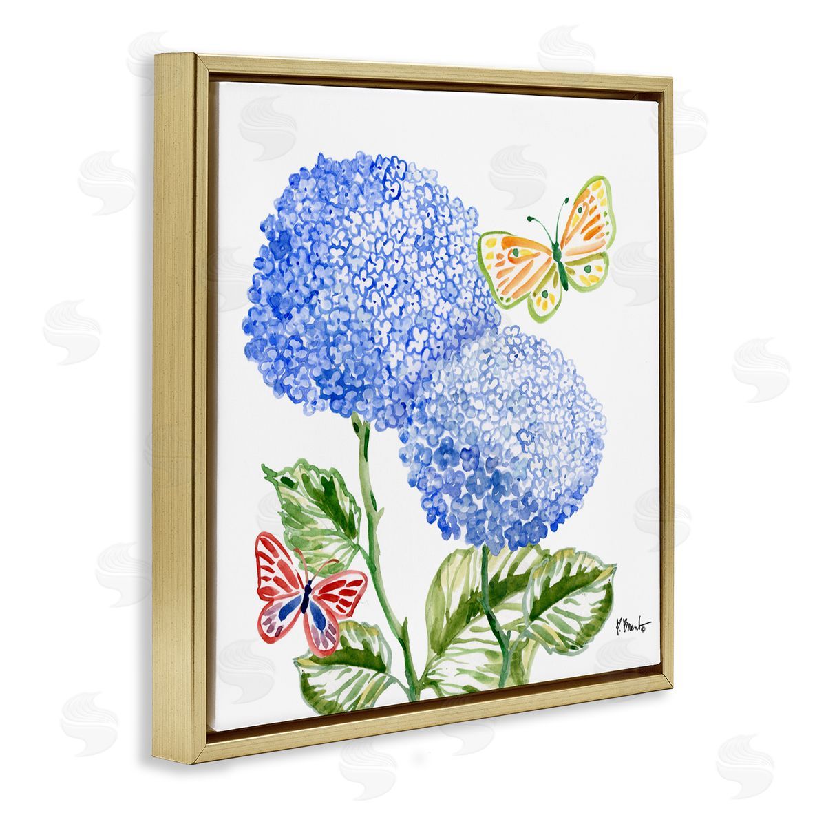 Paul Brent Brushstroke Hydrangea & Butterflies Gold Floating Frame Canvas Art Print
