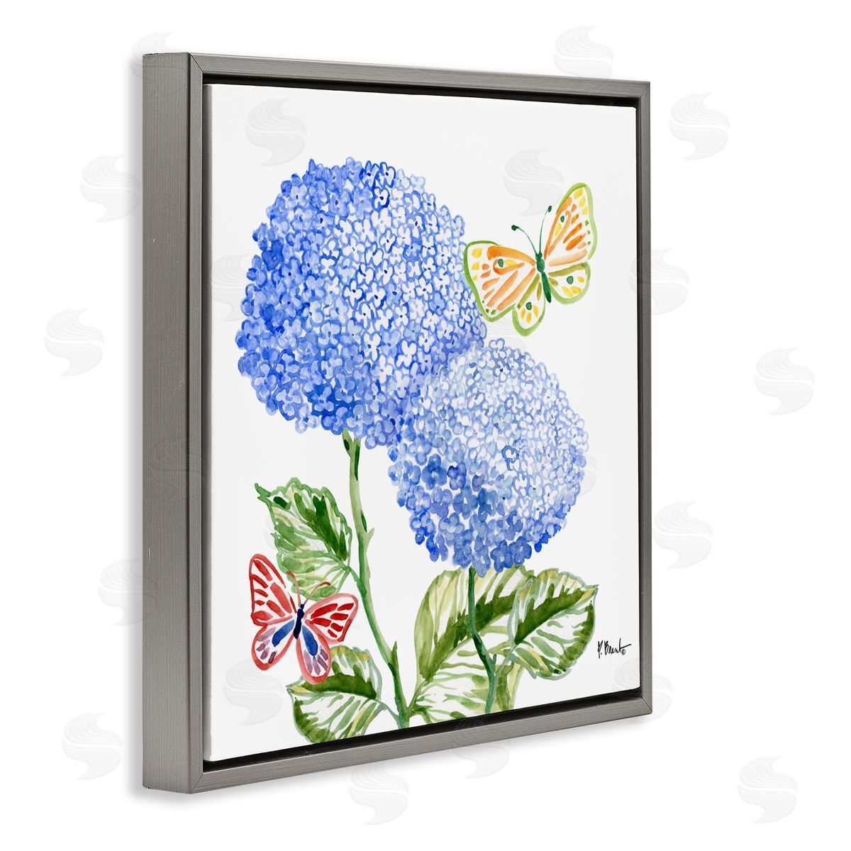 Paul Brent Brushstroke Hydrangea & Butterflies Gray Floating Frame Canvas Art Print