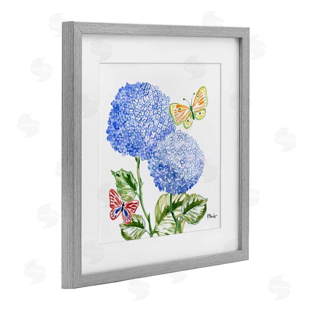 Paul Brent Brushstroke Hydrangea & Butterflies Gray Framed Print Under Glass Art