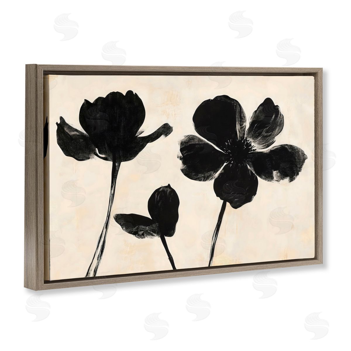 Creative Studio Inky Black Florals Silhouette Brown Floating Frame Canvas Art Print