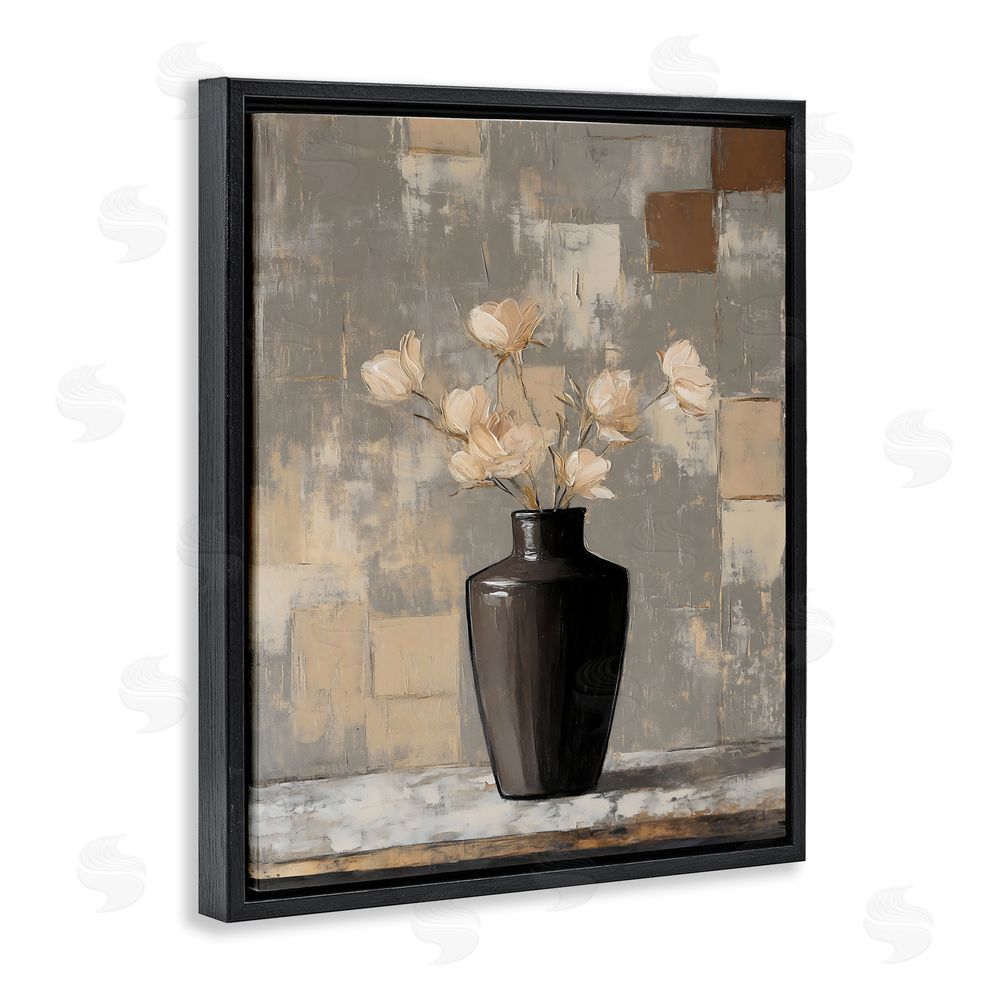 Franklyn Gregory Modern Black Vase & Flowers Black Floating Frame Canvas Wall Art Print