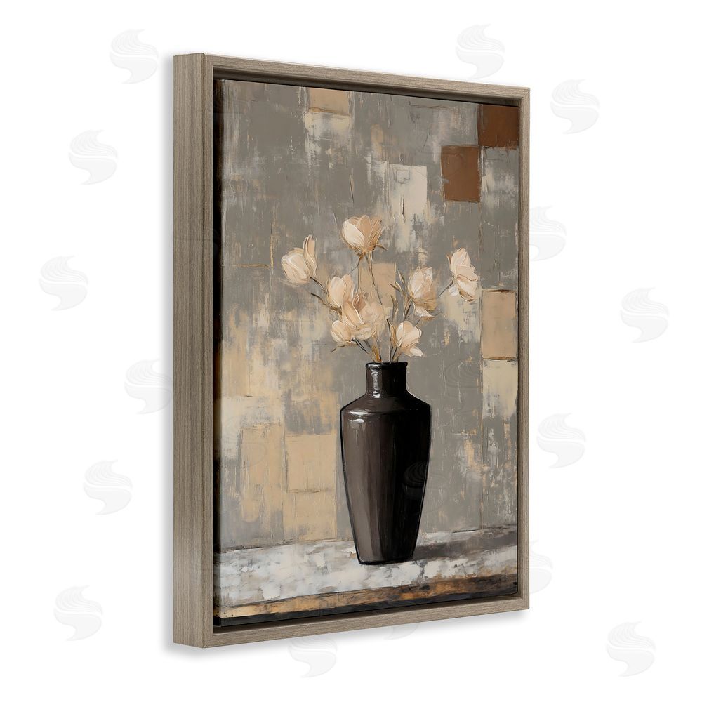 Franklyn Gregory Modern Black Vase & Flowers Brown Floating Frame Canvas Wall Art Print