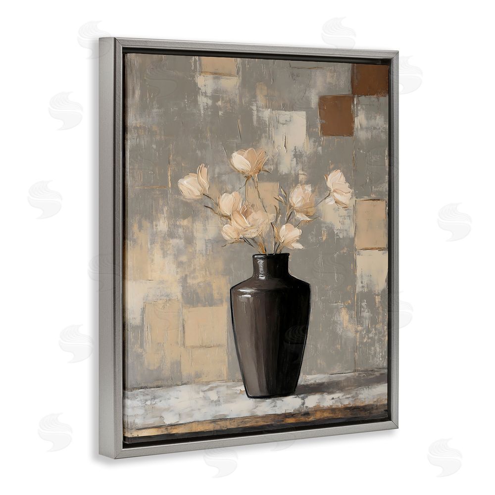 Franklyn Gregory Modern Black Vase & Flowers Gray Floating Frame Canvas Wall Art Print