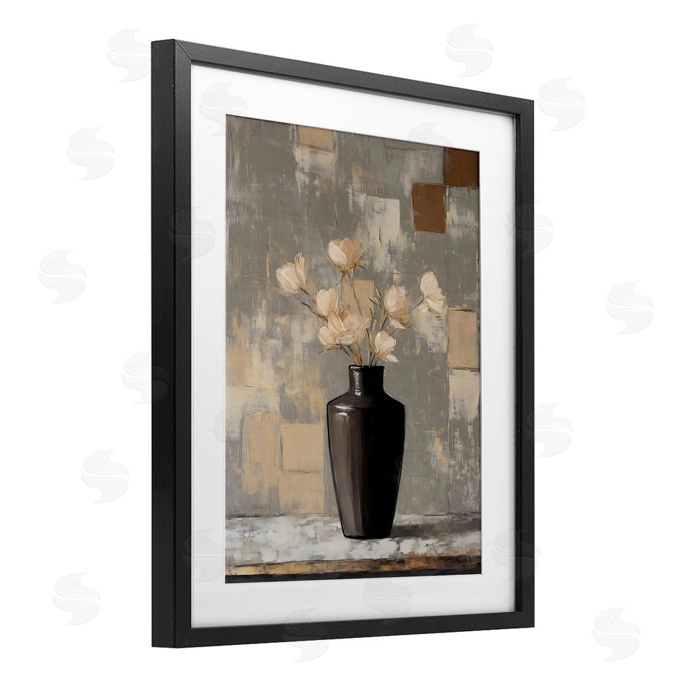 Franklyn Gregory Modern Black Vase & Flowers Black Framed Print Under Glass with White Mat Wall Art