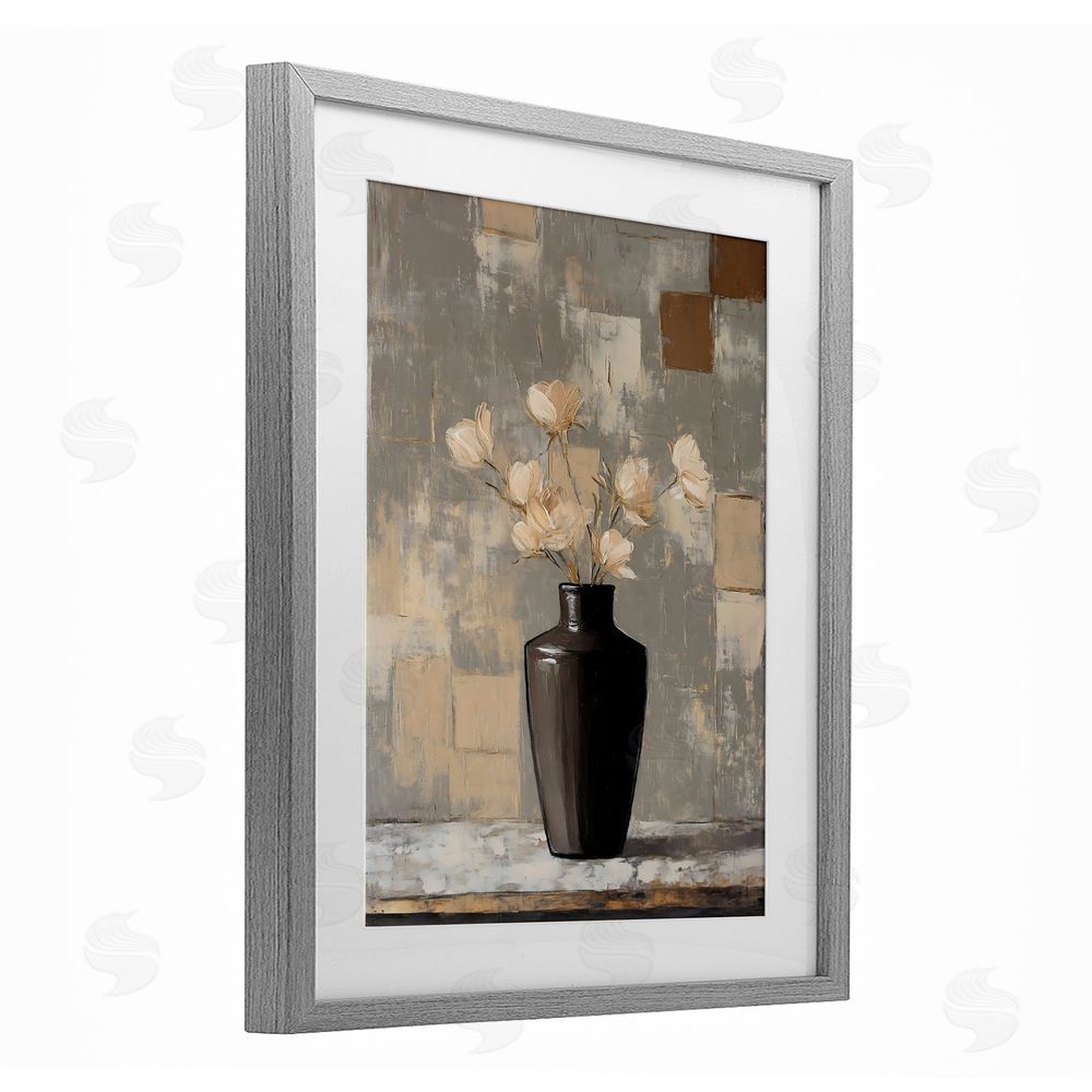 Franklyn Gregory Modern Black Vase & Flowers Gray Framed Print Under Glass with White Mat Wall Art