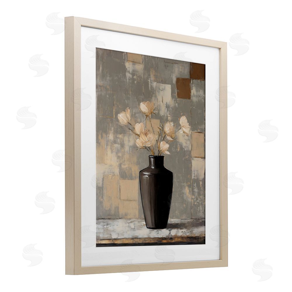 Franklyn Gregory Modern Black Vase & Flowers Birch Framed Print Under Glass with White Mat Wall Art