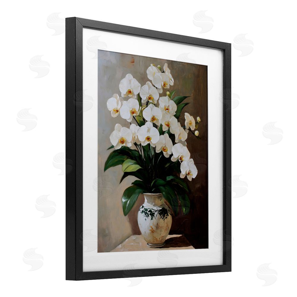 Franklyn Gregory Regal Orchid Arrangement Black Framed Print Under Glass with White Mat Wall Art