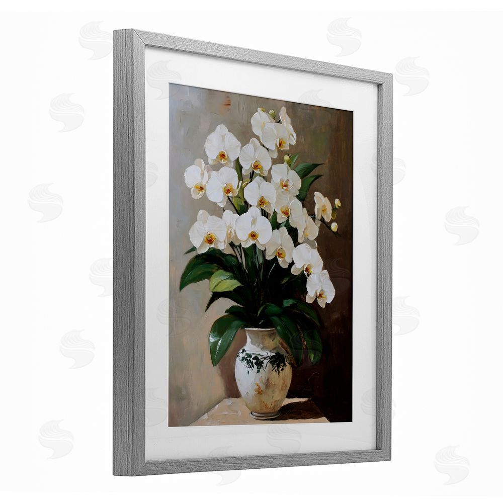 Franklyn Gregory Regal Orchid Arrangement Gray Framed Print Under Glass with White Mat Wall Art