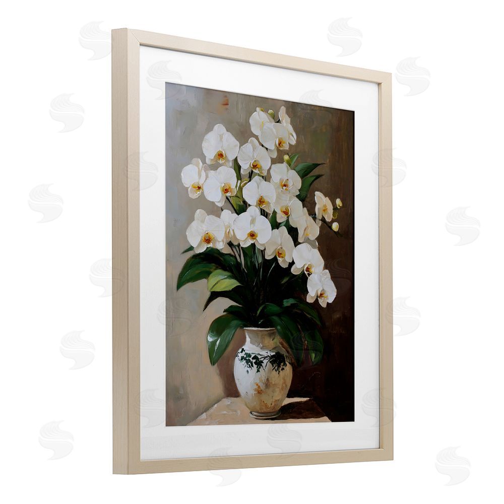 Franklyn Gregory Regal Orchid Arrangement Birch Framed Print Under Glass with White Mat Wall Art