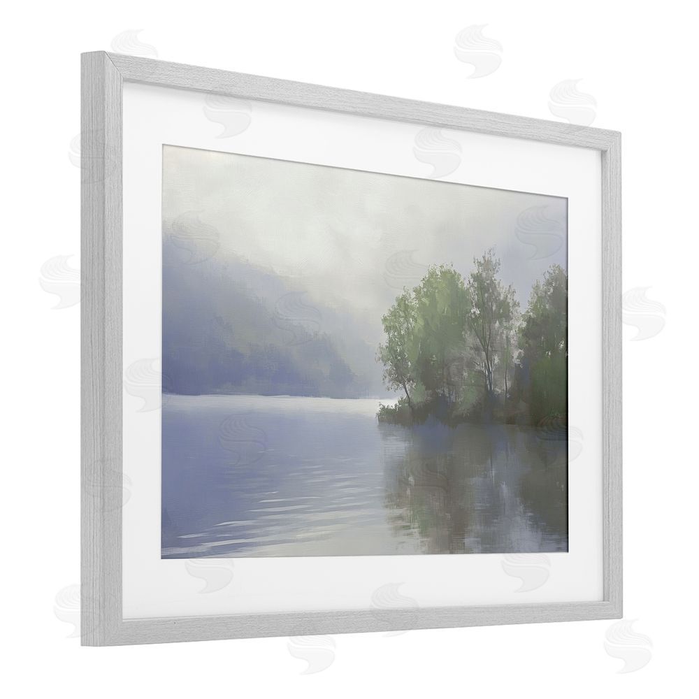Gina Kelly Misty Morning Lake Landscape Gray Framed Print Under Glass with White Mat Wall Art