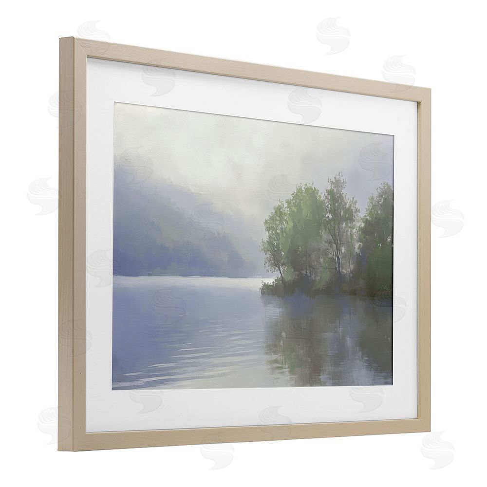 Gina Kelly Misty Morning Lake Landscape Birch Framed Print Under Glass with White Mat Wall Art