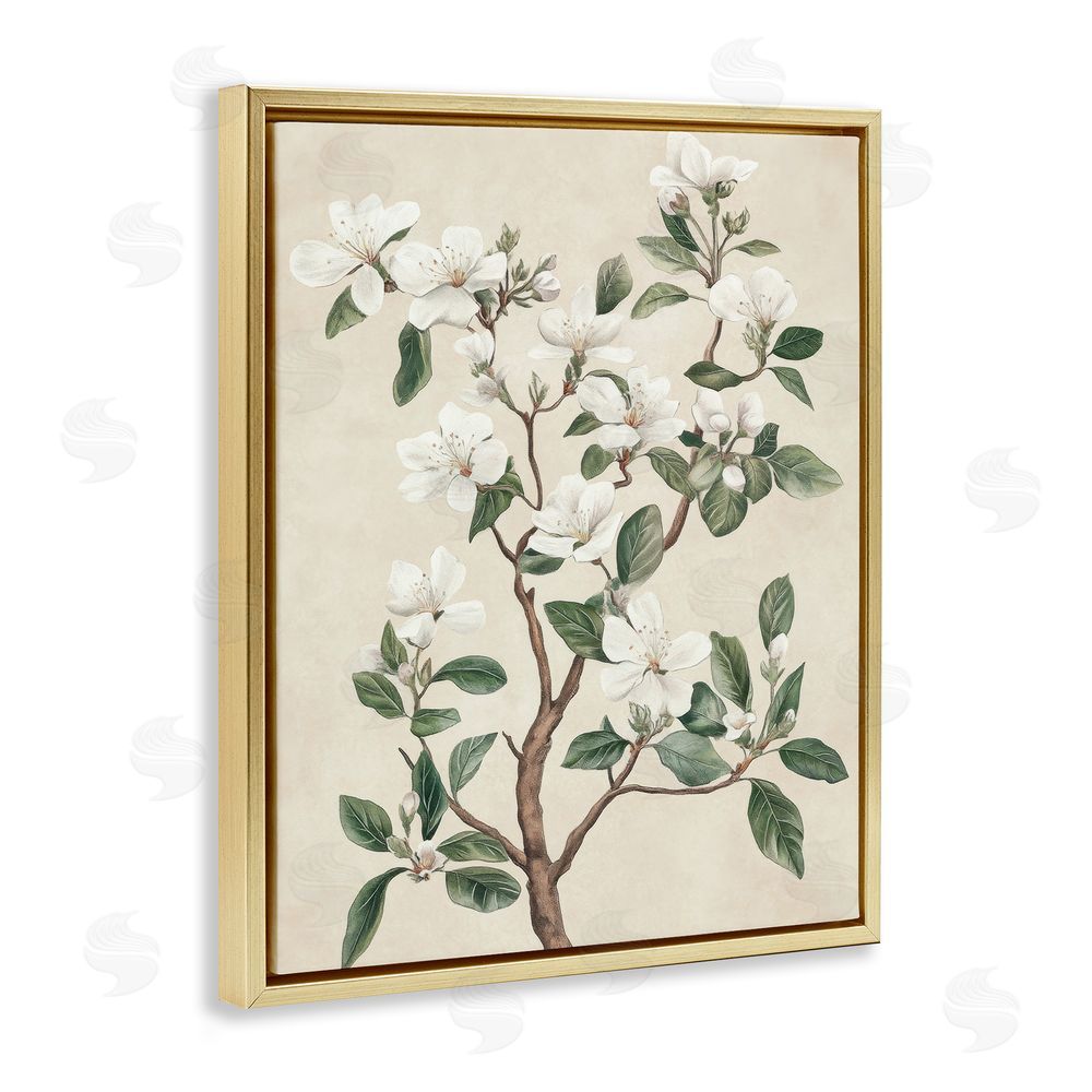 Petal Prints Design White Floral Blossom Tree Gold Floating Frame Canvas Wall Art Print