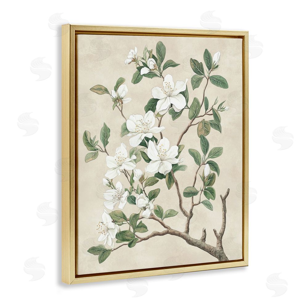 Petal Prints Design Vintage White Blossomed Tree Gold Floating Frame Canvas Wall Art Print