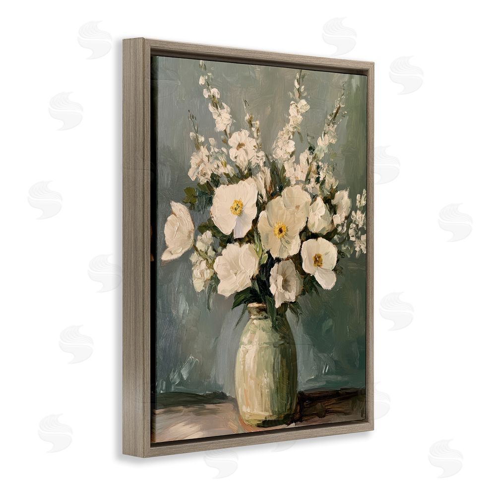 Petal Prints Design Traditional Alabaster Floral Bouquet Brown Floating Frame Canvas Wall Art Print