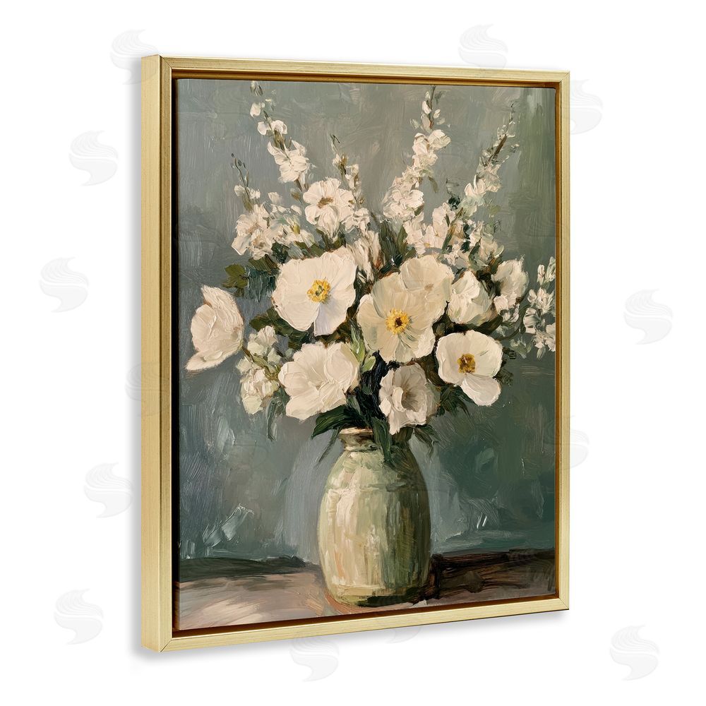 Petal Prints Design Traditional Alabaster Floral Bouquet Gold Floating Frame Canvas Wall Art Print