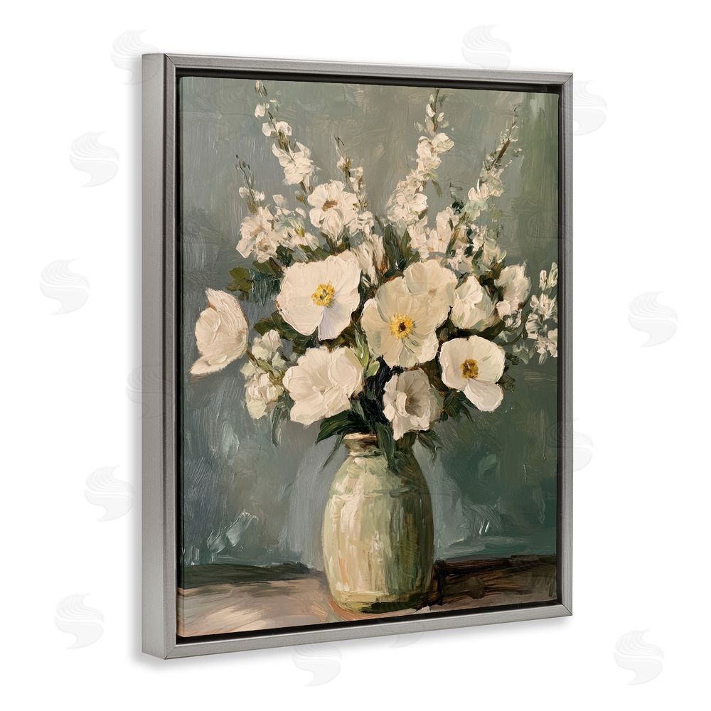 Petal Prints Design Traditional Alabaster Floral Bouquet Gray Floating Frame Canvas Wall Art Print