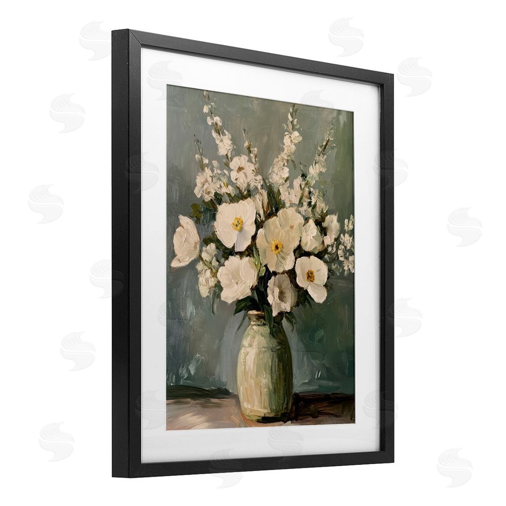 Petal Prints Design Traditional Alabaster Floral Bouquet Black Framed Print Under Glass with White Mat Wall Art