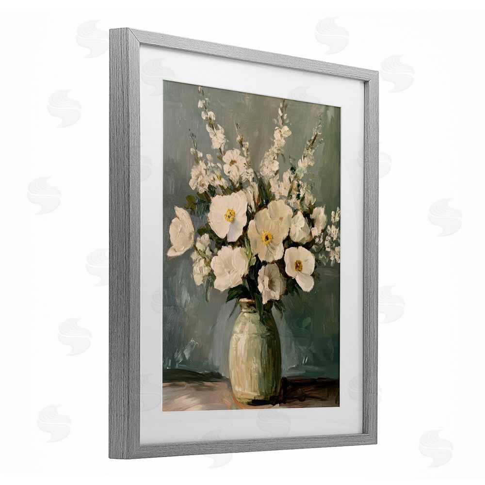 Petal Prints Design Traditional Alabaster Floral Bouquet Gray Framed Print Under Glass with White Mat Wall Art