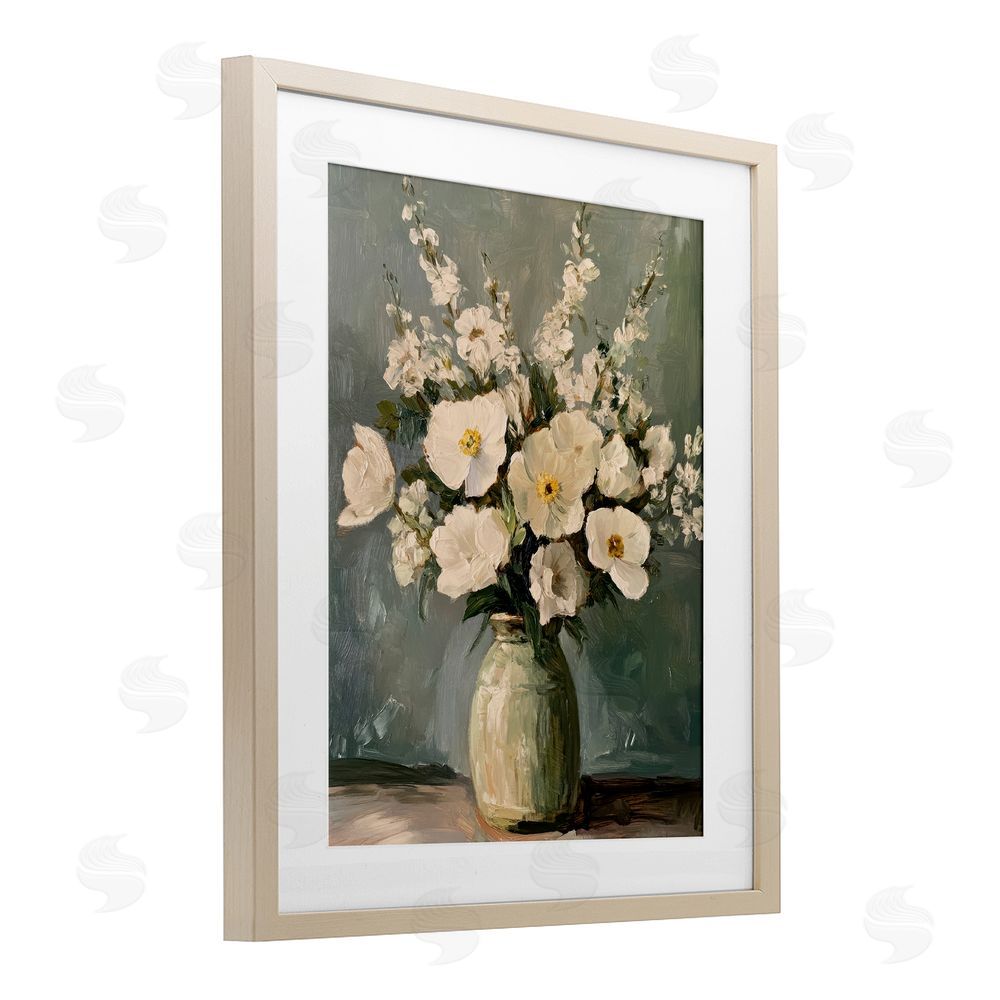 Petal Prints Design Traditional Alabaster Floral Bouquet Birch Framed Print Under Glass with White Mat Wall Art