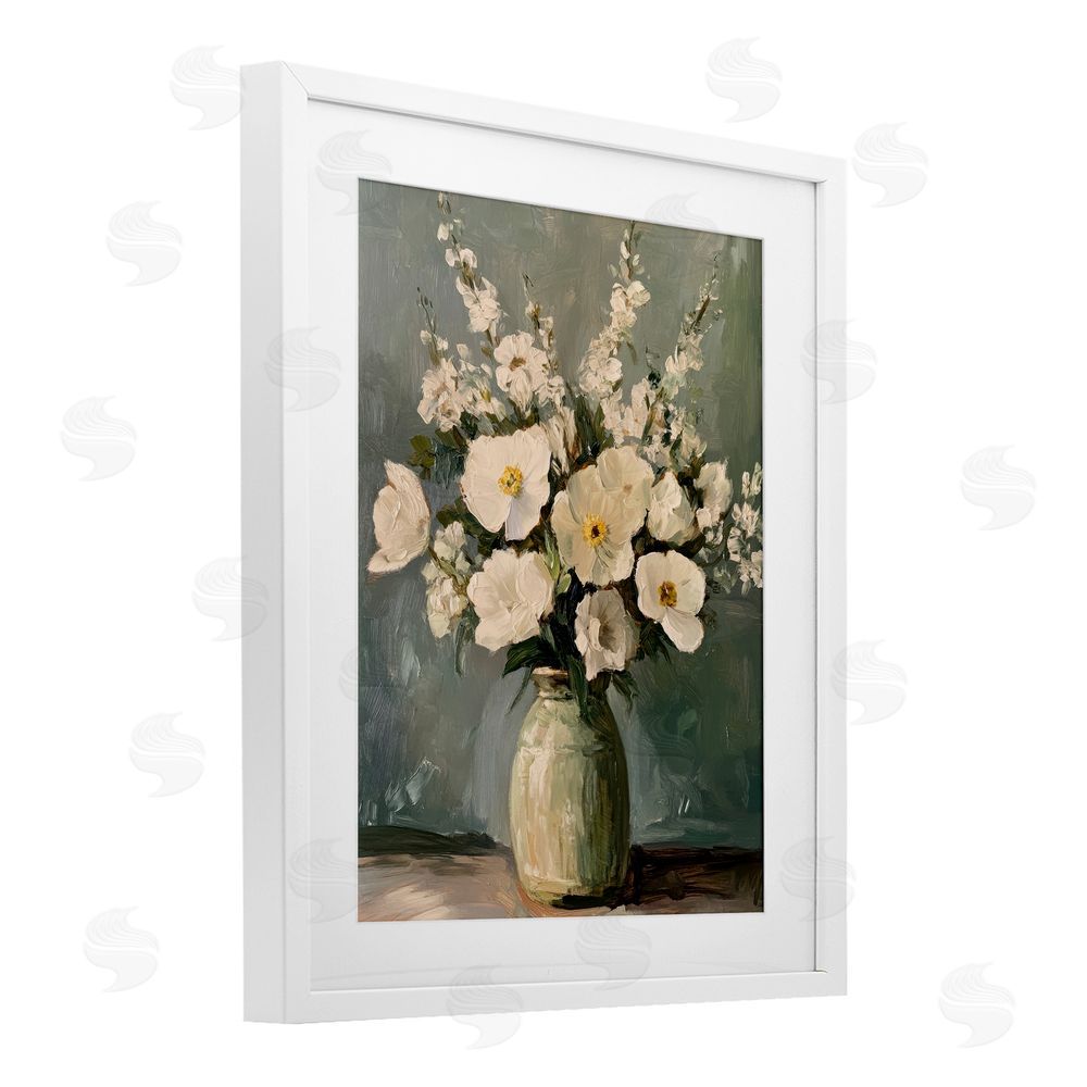 Petal Prints Design Traditional Alabaster Floral Bouquet White Framed Print Under Glass with Mat Wall Art