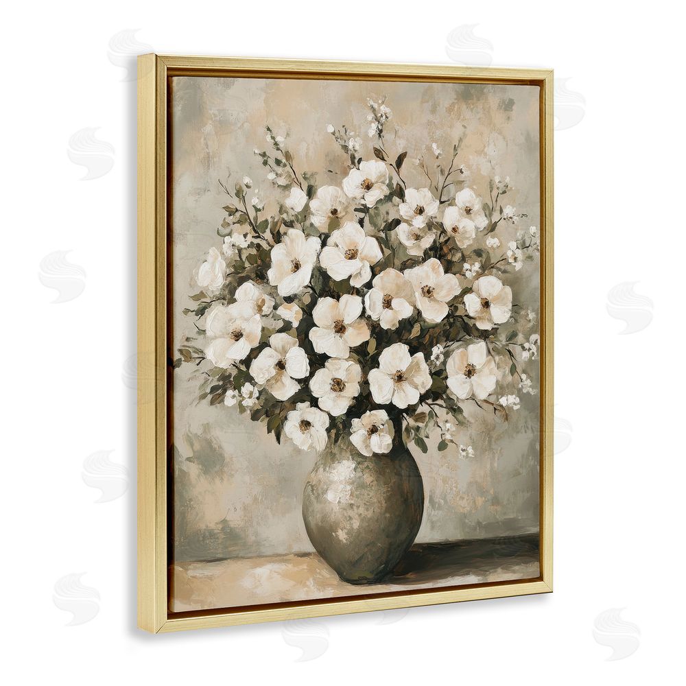 Petal Prints Design Bold Contrast Floral Arrangement Gold Floating Frame Canvas Wall Art Print