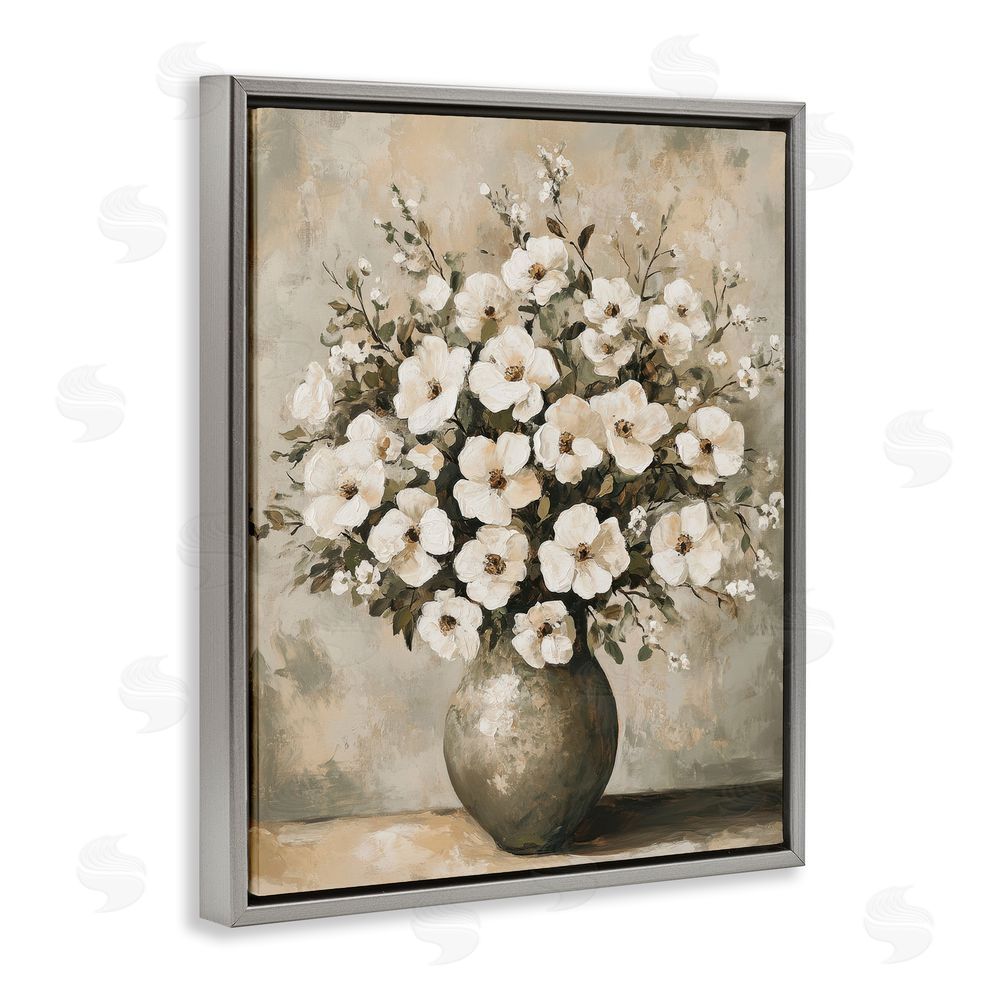 Petal Prints Design Bold Contrast Floral Arrangement Gray Floating Frame Canvas Wall Art Print
