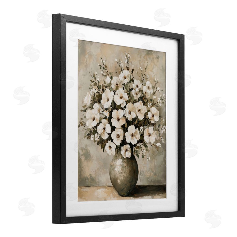 Petal Prints Design Bold Contrast Floral Arrangement Black Framed Print Under Glass with White Mat Wall Art