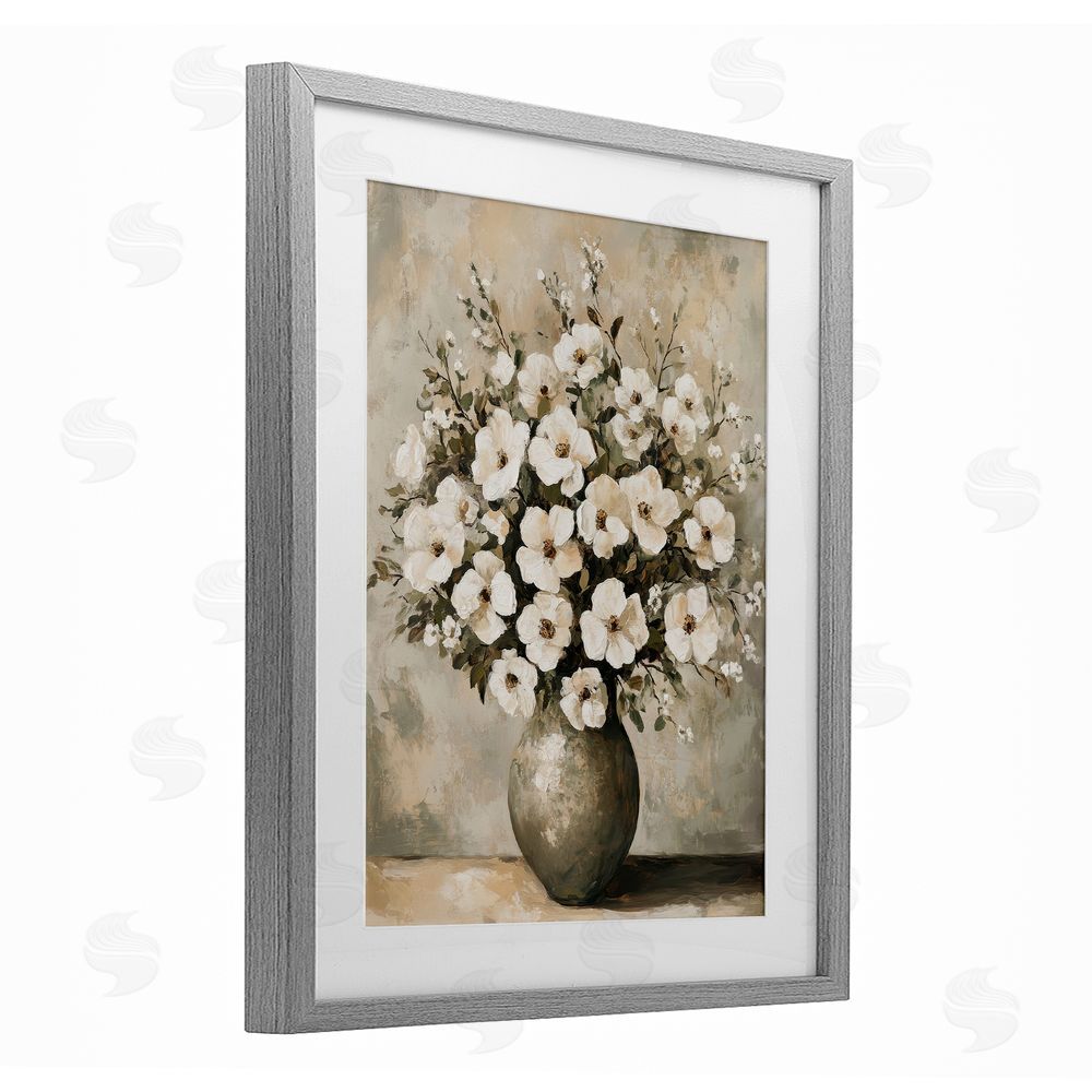 Petal Prints Design Bold Contrast Floral Arrangement Gray Framed Print Under Glass with White Mat Wall Art
