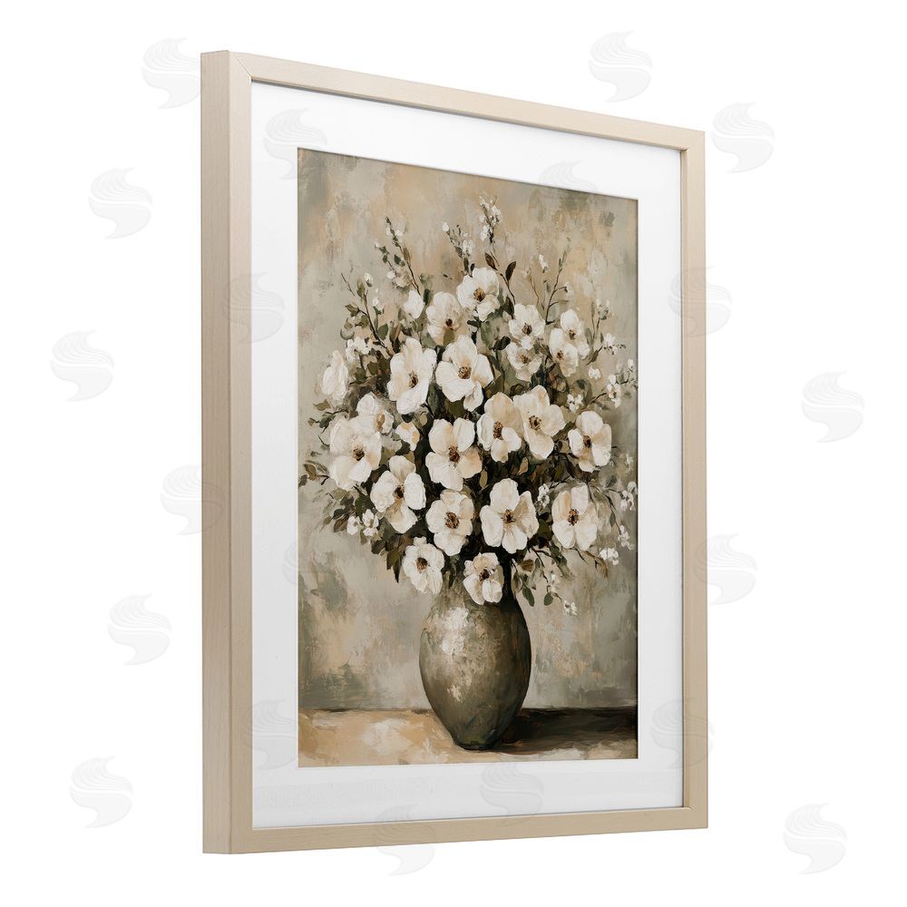 Petal Prints Design Bold Contrast Floral Arrangement Birch Framed Print Under Glass with White Mat Wall Art