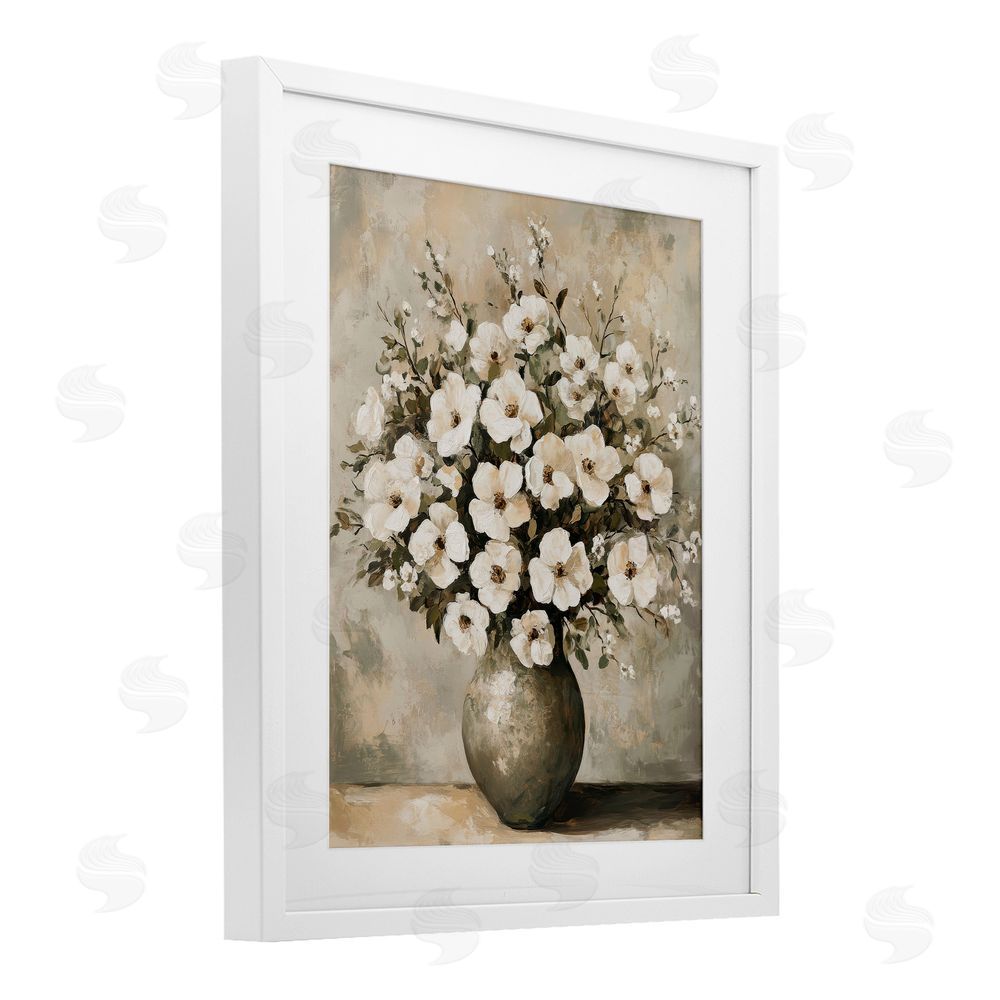 Petal Prints Design Bold Contrast Floral Arrangement White Framed Print Under Glass with Mat Wall Art