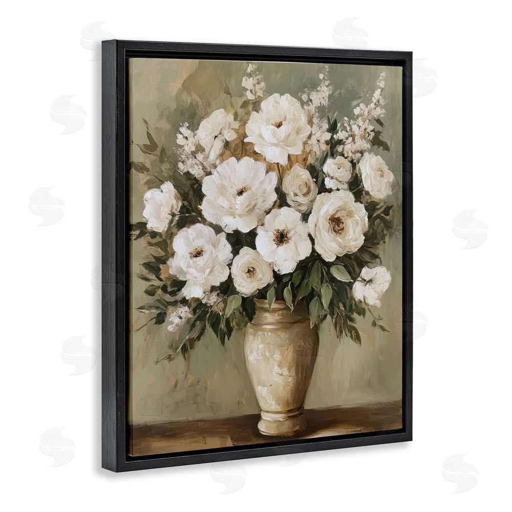Petal Prints Design Antique Floral Blossom Arrangement Black Floating Frame Canvas Wall Art Print