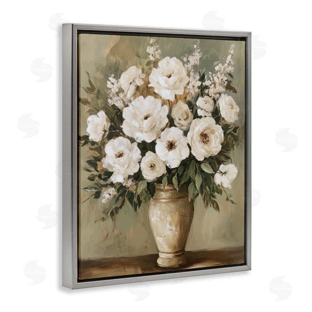 Petal Prints Design Antique Floral Blossom Arrangement Gray Floating Frame Canvas Wall Art Print