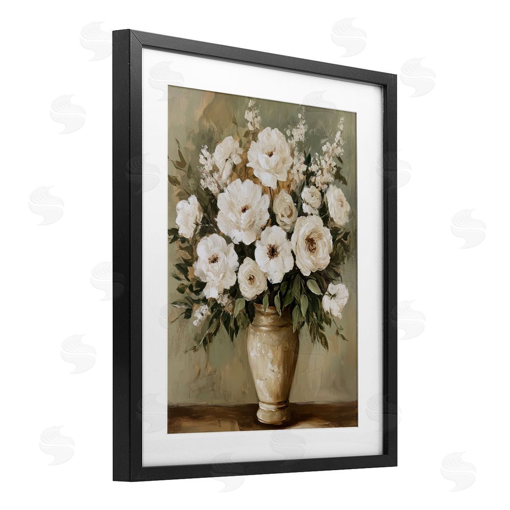 Petal Prints Design Antique Floral Blossom Arrangement Black Framed Print Under Glass with White Mat Wall Art