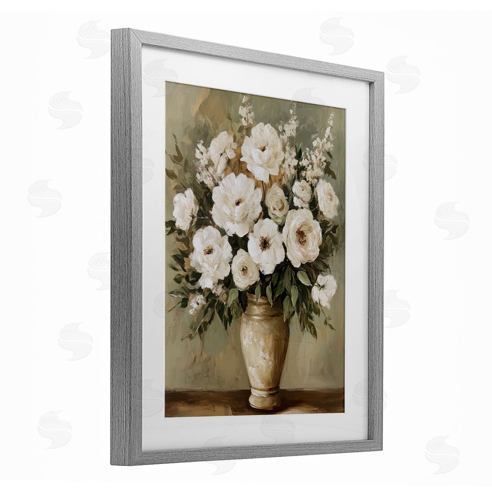 Petal Prints Design Antique Floral Blossom Arrangement Gray Framed Print Under Glass with White Mat Wall Art