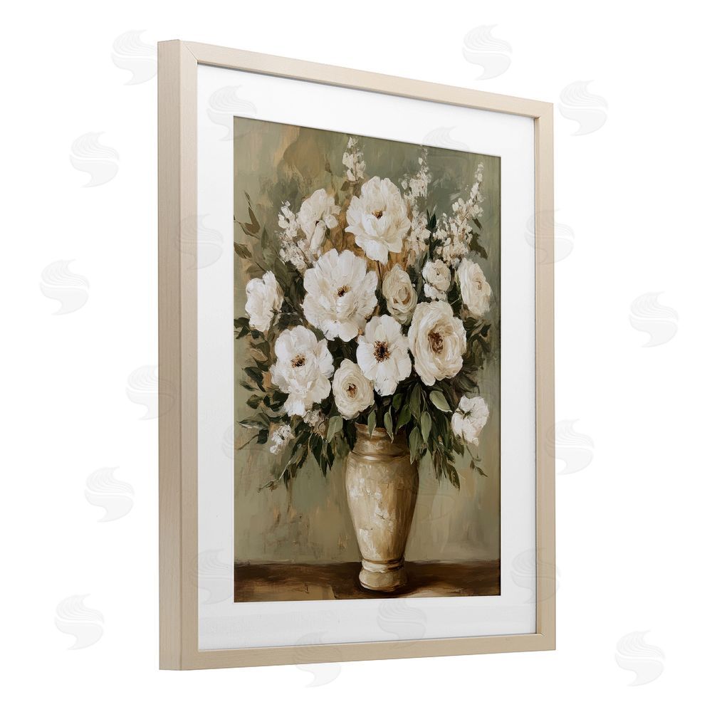 Petal Prints Design Antique Floral Blossom Arrangement Birch Framed Print Under Glass with White Mat Wall Art