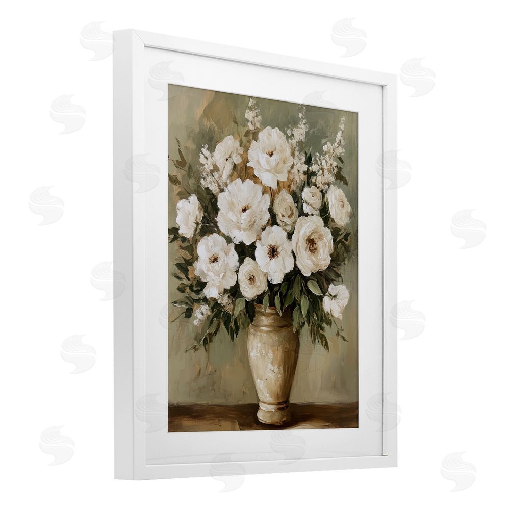 Petal Prints Design Antique Floral Blossom Arrangement White Framed Print Under Glass with Mat Wall Art
