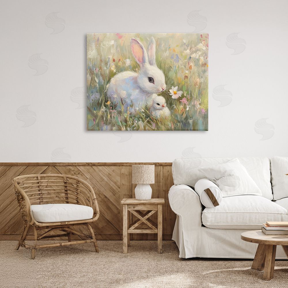 Petal Prints Design White Rabbit Easter and Flowers Canvas Art on Wall