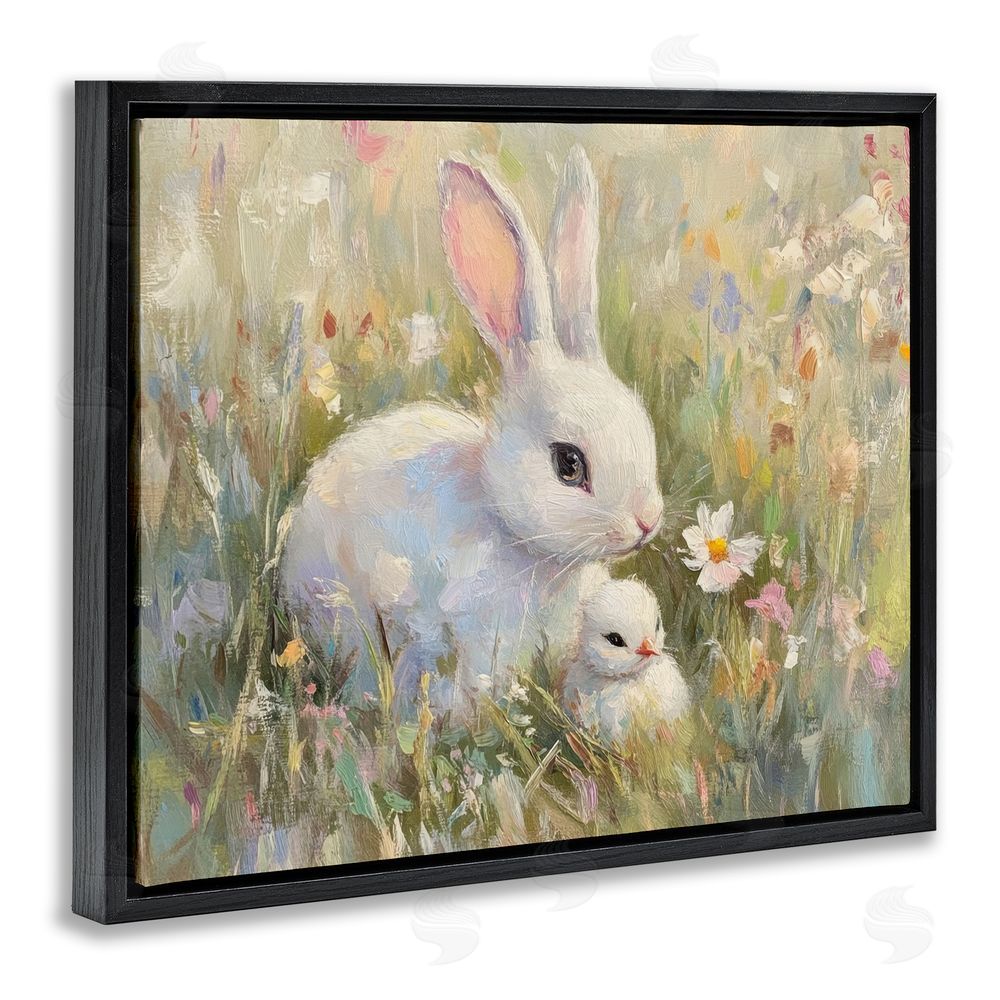 Petal Prints Design White Rabbit Easter and Flowers Black Floating Frame Canvas Wall Art Print