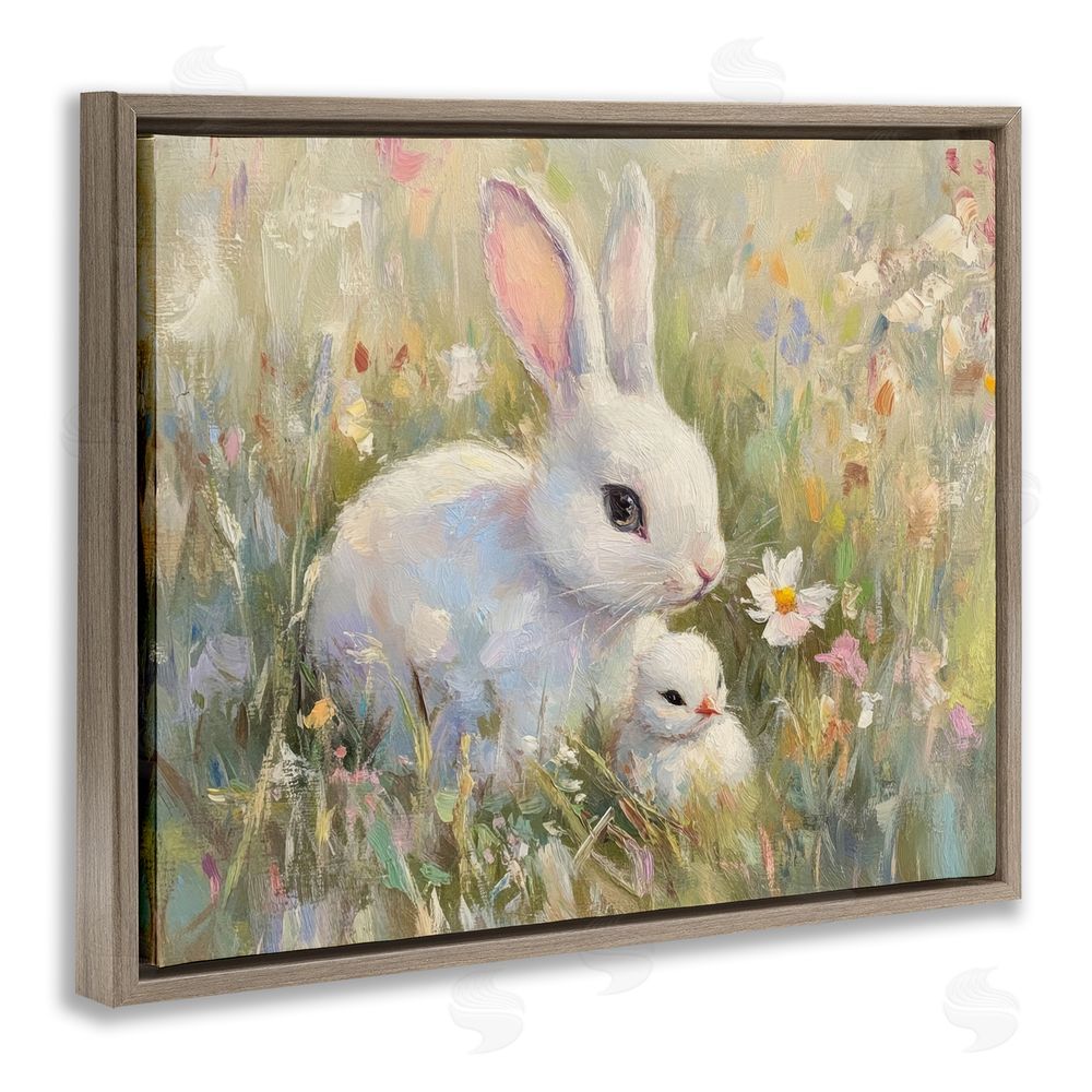 Petal Prints Design White Rabbit Easter and Flowers Brown Floating Frame Canvas Wall Art Print